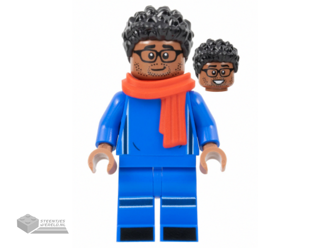 soc163 – Soccer Spectator – Blue Soccer Uniform, Red Scarf, Black Hair, Glasses