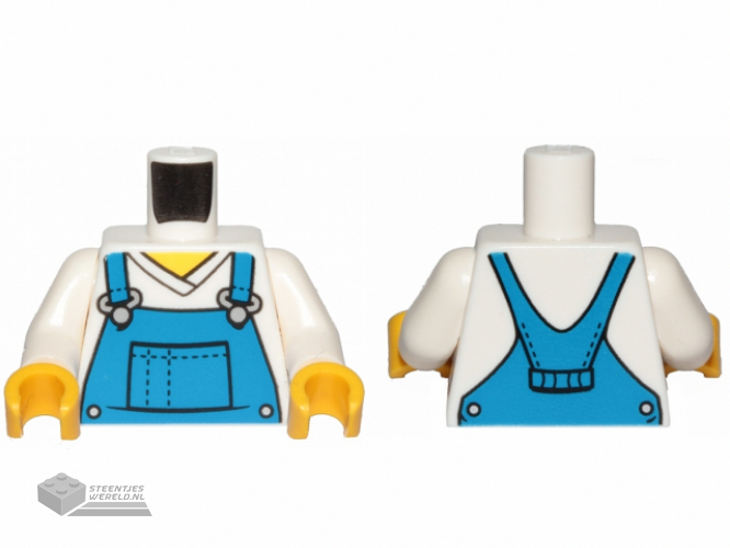 973pb3472c01 – Torso V-Neck Shirt with Blue Overalls, Dotted Horizontal Line on Front Pocket – Printed Back Pattern / White Arms / Yellow Hands