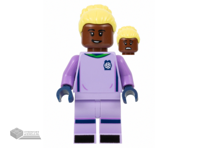 soc154 – Soccer Goalie, Female, Lavender Uniform, Reddish Brown Skin, Bright Light Yellow Hair