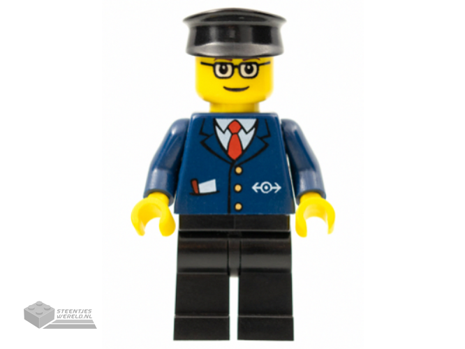 trn128 – Dark Blue Suit with Train Logo, Black Legs, Brown Eyebrows, Black Hat