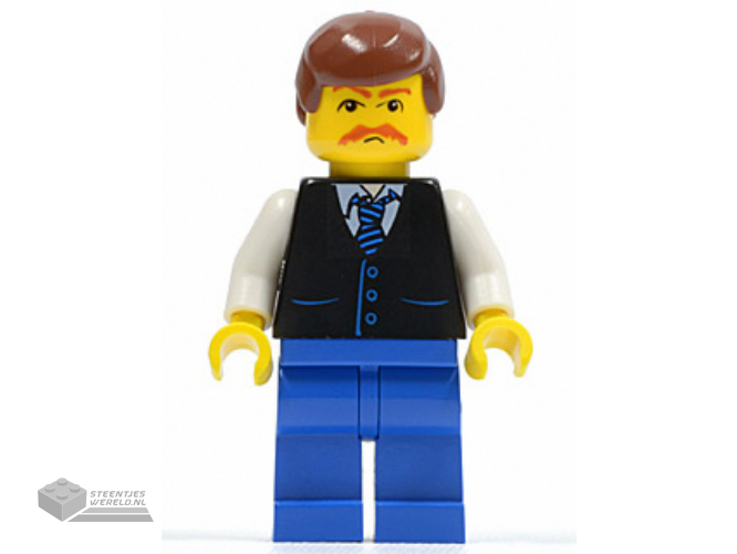 twn033 – Black Vest with Blue Striped Tie, Blue Legs, White Arms, Reddish Brown Male Hair, Moustache