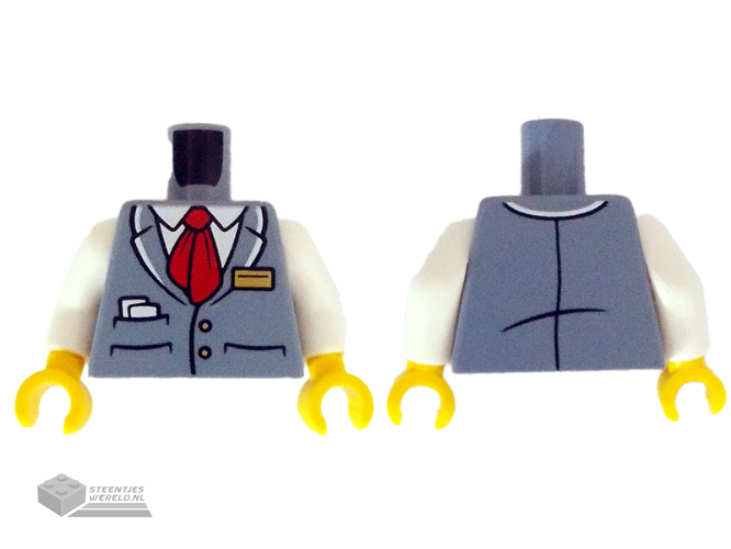 973pb5750c01 – Torso Vest with Buttons and Pockets over White Shirt, Red Tie, Gold Name Badge, Papers Pattern / White Arms / Yellow Hands