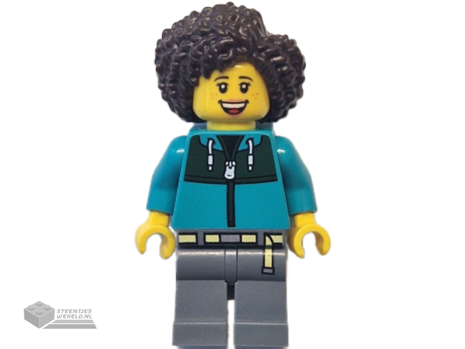 cty1771 – Bus Passenger – Female, Dark Turquoise Jacket with Dark Green Panel, Dark Bluish Gray Legs, Dark Brown Hair