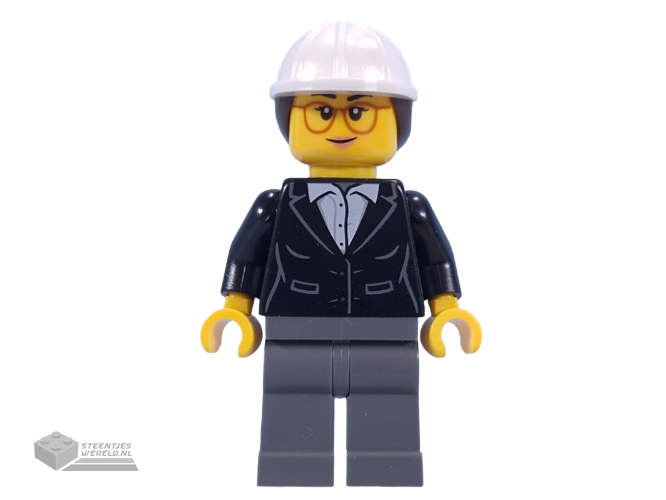 cty1816 – Construction Engineer / Architect – Female, Black Suit Jacket with White Button Up Shirt, Dark Bluish Gray Legs, White Construction Helmet with Dark Brown Ponytail Hair, Glasses