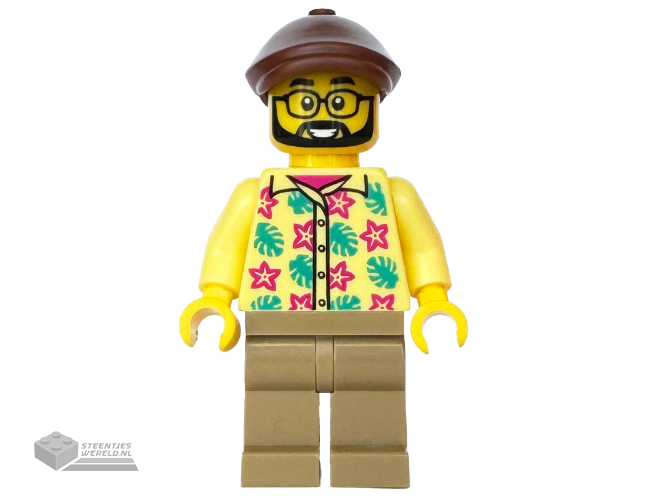 cty1772 – Bus Passenger – Male, Bright Light Yellow Shirt with Flowers and Leaves, Dark Tan Legs, Reddish Brown Flat Cap