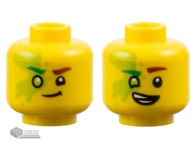 3626pb3667 – Minifigure, Head Dual Sided Reddish Brown Eyebrow Left, Bright Green Eyebrow Right, Lime Eye and Slime, Smirk / Lopsided Open Mouth Smile with Teeth Parted Pattern