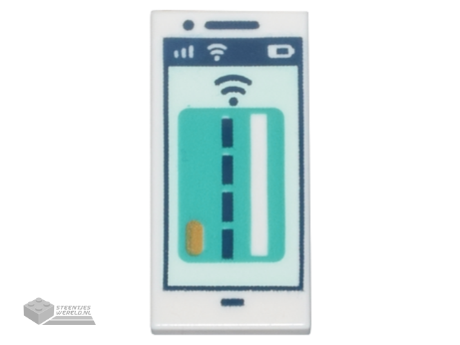 3069bpb1062 – Tile 1 x 2 with Groove with Smartphone with Dark Turquoise Debit / Credit Card and Dark Blue Signal Strength on Light Aqua Screen Pattern