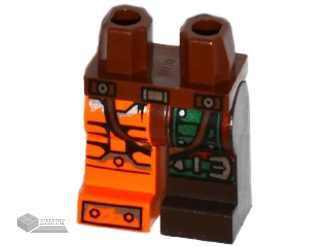970d31pb01 – Hips and 1 Dark Brown Left Leg with Green Armor and Knee Belt, 1 Orange Right Leg with Black and Silver Bolted Armor Plates Pattern