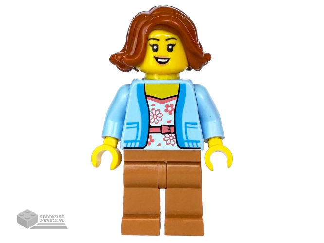 cty1770 – Bus Passenger – Female, Bright Light Blue Jacket over White Shirt with Coral Flowers, Medium Nougat Legs, Dark Orange Hair