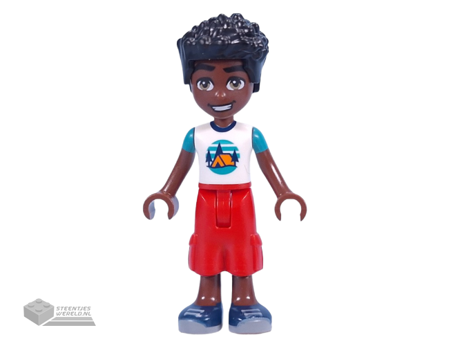 frnd742 – Friends Zac – White T-Shirt with Tent, Red Cropped Trousers, Dark Blue Shoes