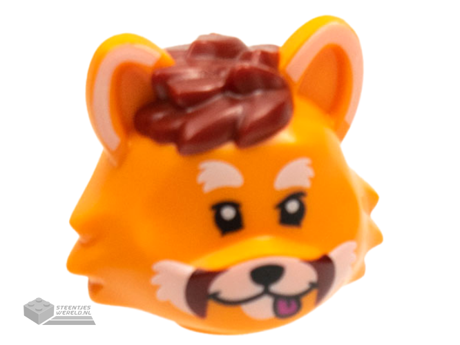 73235pb02 – Minifigure, Head, Modified Cat with Dark Red Hair and Whiskers, White Markings on Ears and Muzzle and Red Tongue Pattern
