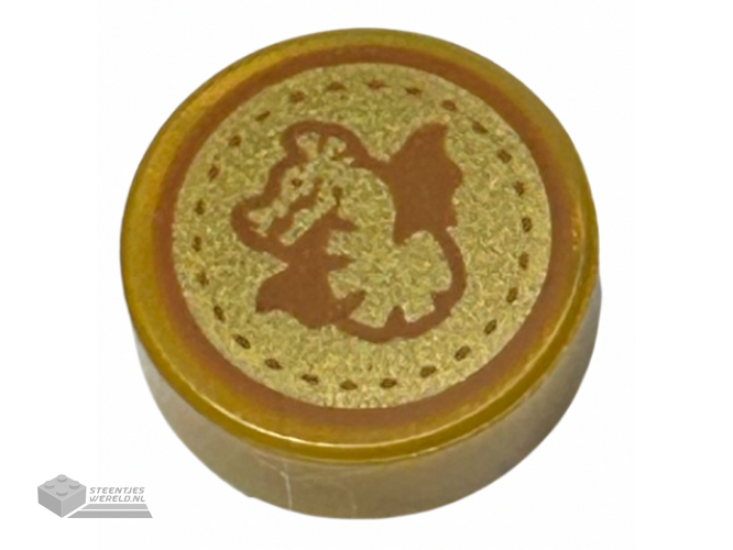 98138pb380 – Tile, Round 1 x 1 with Dark Orange Dragon and Dotted Circle on Gold Background Pattern (HP Unum Galleon)