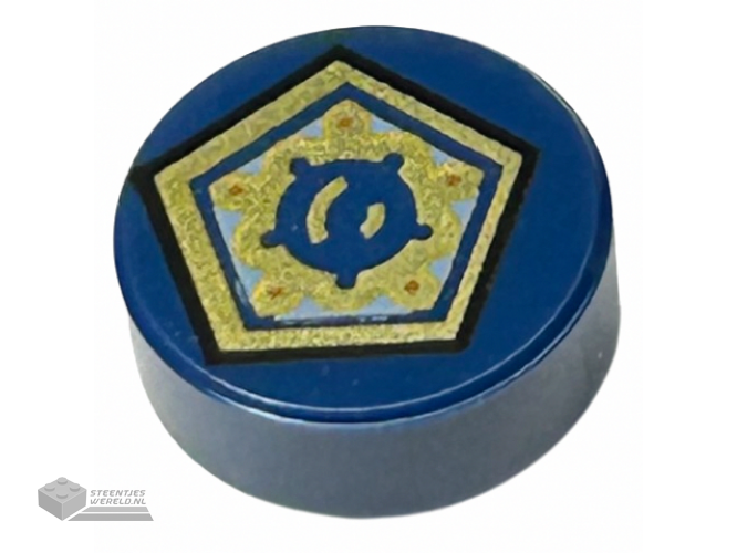 98138pb379 – Tile, Round 1 x 1 with Gold Pentagon and Shapes Pattern (HP Chocolate Frog Card)