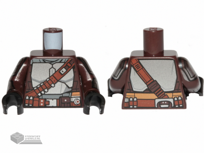 973pb4119c01 – Torso SW Mandalorian Silver Beskar Armor Plates and Reddish Brown Belts Pattern (Din Djarin) / Dark Brown Arms with Silver Beskar Plates Pattern / Black Hands