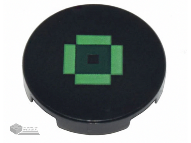 14769pb549 – Tile, Round 2 x 2 with Bottom Stud Holder with Pixelated Bright Green Rectangles and Dark Green Square Pattern (Minecraft Music Disc / Record)