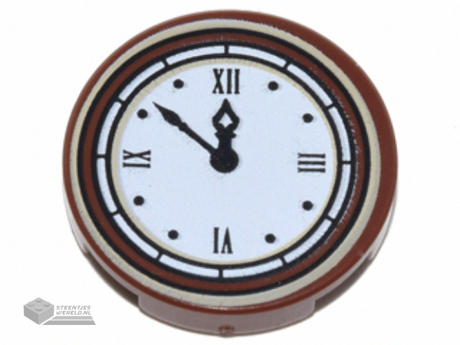 14769pb133 - Tile, Round 2 x 2 met Bottom Stud Holder met Clock met Roman Numerals Simple Pattern