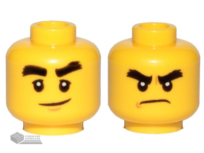 3626pb1893 – Minifigure, Head Dual Sided Black Bushy Eyebrows, Smile / Angry Pattern (Cole)