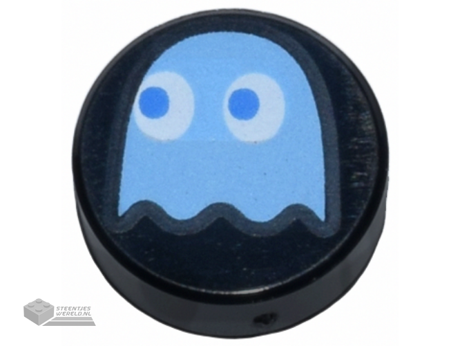 98138pb374 – Tile, Round 1 x 1 with Medium Blue PAC-MAN Ghost with Blue Eyes Pattern (Inky)