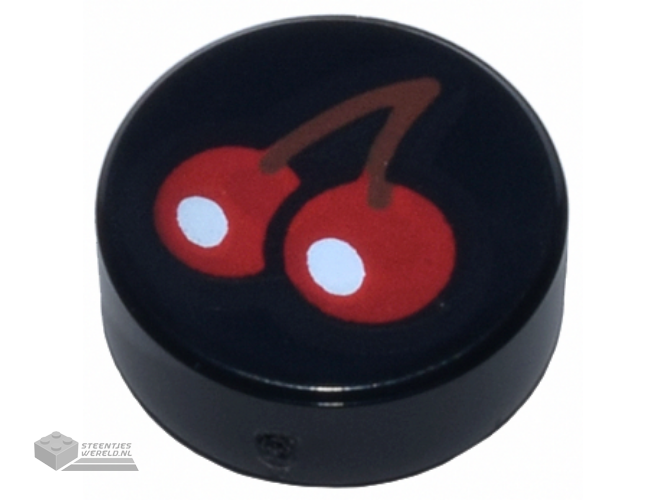 98138pb373 – Tile, Round 1 x 1 with Red Cherries with White Reflections (Circles) and Reddish Brown Stem Pattern